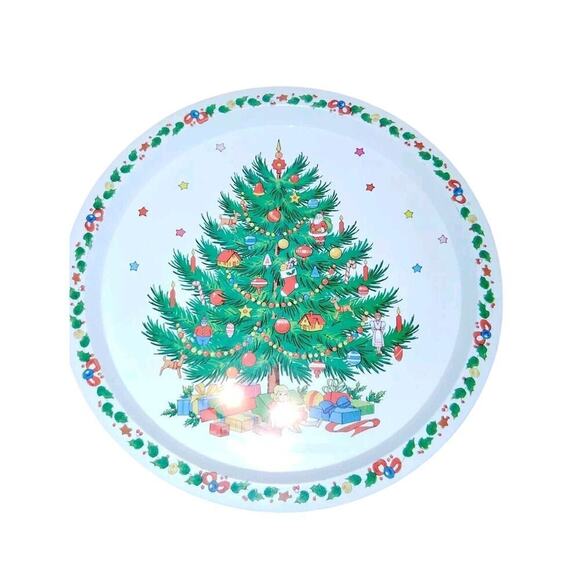 Vintage Holiday Serving Tray featuring Decorated Christmas Tree Presents 13" - Picture 1 of 4